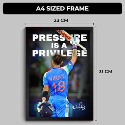 Image of Virat Kohli Pressure is a Privilege Poster | Framed Virat Kohli 18 Wall Art (A4 Sized, 31 x 23 cm) | Pressure is a Privilege Edition | Cricket Legend | Sports Decor for Cricket Fans | Motivational Wall Poster (F 182)