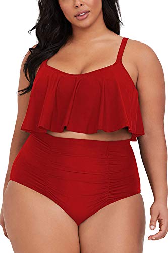 Sovoyontee Women's 2 Piece Plus Size High Waisted Swimsuit Bathing Suit Red 3XL