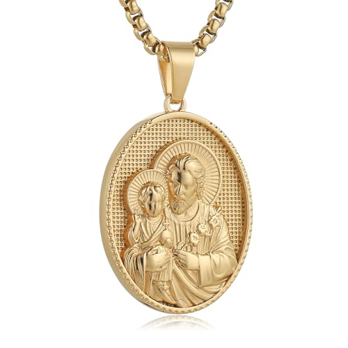 HZMAN St Joseph Medal Necklace for Men Women Retro Religious Stainless Steel Saint Joseph Christian Amulet Pendant Jewelry Gift