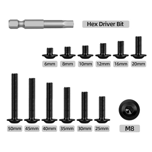 Image of M8-1.25 x 25mm 20 PCS Flanged Button Head Socket Cap Bolts Screws, Stainless Steel 304, Allen Socket Drive, Screwdriver Bit Included, Black Finish, Fully Machine Thread