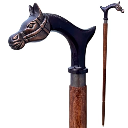 Canne de marche vintage avec poignée en tête de cheval, canne en bois fabriquée à la main, bâton en bois dur marron foncé, design pliable, aide à la...