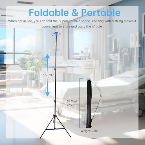 2 Pcs WONDSIGHIN Foldable IV Pole with Portable Bag, Collapsible IV Pole Stand with 3 Nets for Drip Bag, Tripod IV Pole Stand Adjustable, 4 Hooks for Nursing Clinic Home Care Travel, Stable, Black