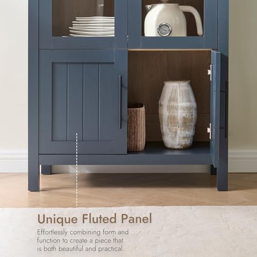 Image of 71 inch Tall Arched Display Cabinet, 5-Tier Bookshelf Modern Farmhouse Arched Bookcase with Glass Doors and Shelves, Wooden Pantry Storage Cabinet for Living Room, Office and Kitchen, Blue