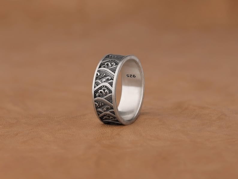 Japanese The Great Wave of Kanagava Engraved Promise Rings for Couples, 925 Sterling Silver Mens Wedding Ring, Elegant Mythology Jewelry