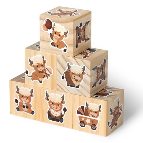 Image of R HORSE 6Pcs Highland Cow Baby Wooden Decoration, Animal Themed Wood Blocks for Boys Girls Baby Shower Table Centerpieces, Watercolor Shelf Decor for Nursery Bedroom Playroom