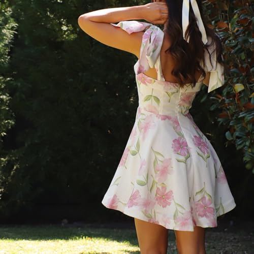 Image of Women Y2k Tie Shoulder Mini Dress Sleeveless Flowy Babydoll Dress Boho Floral Aline Short Sundress