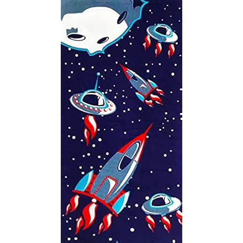 YIFONTIN Rocket Beach Towel for Kids Velour Terry Blanket Throw 100% Cotton 24X48 inches for Swimming Bath Travel Camping and Picnic, Navy Spaceship. Cover