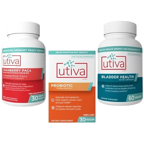 15% Bundle Utiva Cranberry PACs Supplement for Urinary Tract Health 30 Vegi Capsule + Utiva Probiotic for Gut and Urinary Tract Health 30 Delayed Release Vegi Capsule + Utiva Bladder Health 60 Capsule Cover
