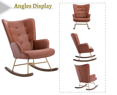 Ealson Nursery Rocking Chair Leather Upholstered Lounge Chair Tufted Wingback Accent Rocker Chair With Wooden Base Modern Comfy Armchair For Bedroom Living Room,Pu Brown #TOP5