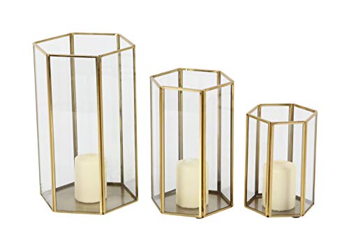 CosmoLiving by Cosmopolitan Glass Decorative Candle Lantern with Metal Plate, Set of 3 6', 8', 10'H, Gold