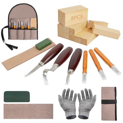 21PCS Woodworking Tools Set Wood Whittling Kit for DIY Lovers Beginners Including Basswood Blocks PU Storage Bag