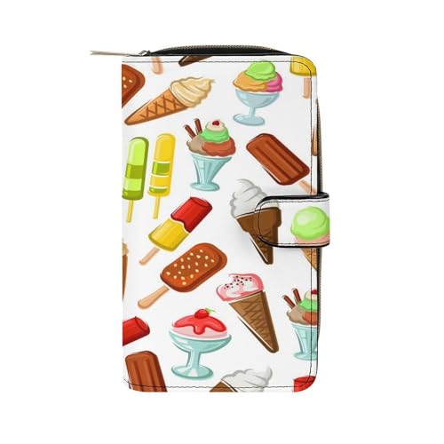 Women Soft PU Leather Wallet, Zipper Card Case Clutch Credit Bills Money Crash Coin 7.8x4.3x1.4 in Holder Purse Print Seamless Ice Cream Popsicle on White