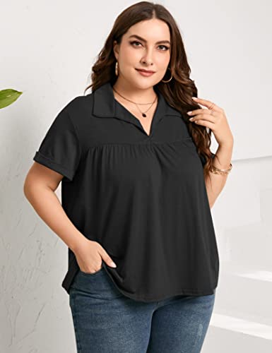 Kojooin Women’s Plus Size Polo Shirts V Neck Short Sleeve Pleated Top Casual Loose T Shirts Work Tops Black 3Xl #TOP1