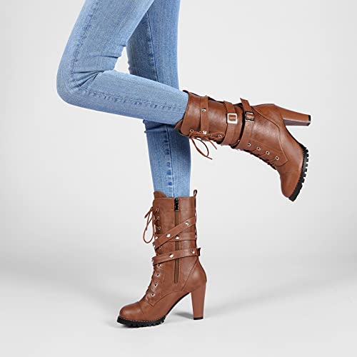 Susanny Steampunk Goth Harley Boots Womens Brown High Heeled Combat Boots Gothic Leather Shoes Mid Calf Motorcycle Punk Booties 12 #TOP5