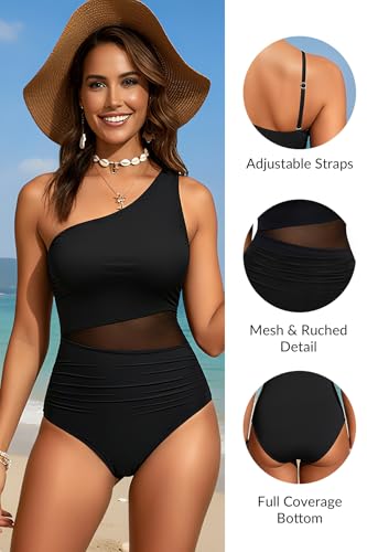 model wearing one shoulder bathing suit