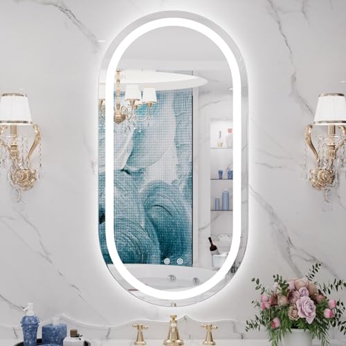 Image of WallBeyond LED Bathroom Mirror with Lights, 16 x 32 Inch Oval Led Bathroom Vanity Mirror for Wall with Front and Backlit, Anti Fog Mirror for Bathroom, 3 Colors and Dimmable Light, Horizontal /Vertical