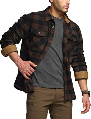 CQR Men's Long Sleeve Heavyweight Fleece Shirts, Plaid Button Up Shirt, Warm Outdoor Casual Shirt with Pockets3