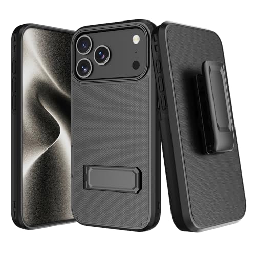 GW USA for iPhone 17 Pro Case with Belt Clip, Rugged Dual-Layer Protection, Shockproof 17 Pro iPhone Holster Case Belt Clip, Slim Wireless Charging Compatible, Kickstand 6.3”- Black