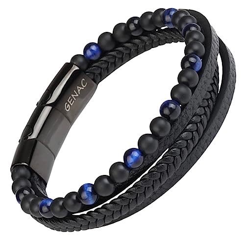 genac Neuf Herrenarmband aus 6mm Natursteinperlen und Echtleder Hochwertiges, mehrfach gewebtes Leder mit abnehmbarem Magnetverschluss aus Edelstahl zur einfac (Blau)