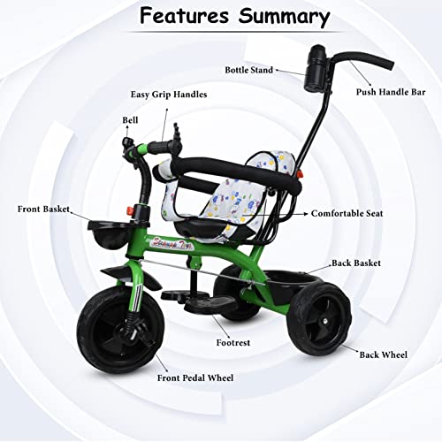 Image of CREW4 Tricycle 1 Years to 5 Years with Removable Safety Guard and Parental Control Back Side Push Handle with Rubber Tyre for Kid's CR07 (Green)