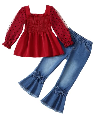 Image of Kucnuzki Toddler Kids Girl Clothes Long Sleeve Shirt Tops Baggy Jeans Cute Pants Set Baby Girl Outfit 2 Piece Clothing