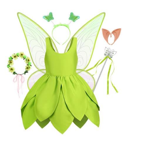 Lizxun Kids Girls Sleeveless Dress with Butterfly Wings,Wand,Hair Hoop Halloween Cosplay Costume Fairy Outfits (Green 6 Pieces Set, 24 Months)