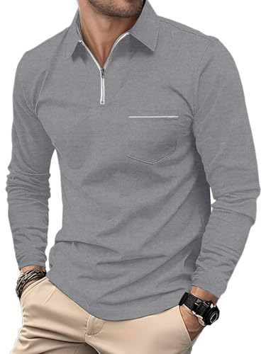 HMIYA Polo à Manches Longues pour Homme Polo en Coton Respirant T-Shirts Décontractés avec Poche,Gris Clair,4XL