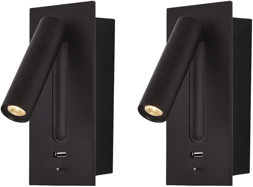 Modern LED Bedside Reading Lamp with USB Port and Fast Charging Adjustable Wall Mounted Reading Light in Warm White 3000k 5V 2.1A Black (Black Set of 2)
