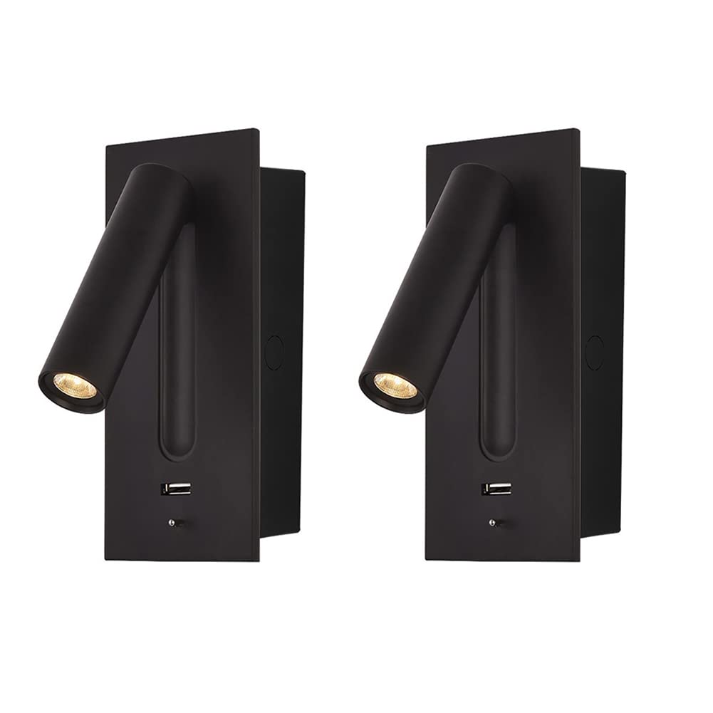 Moderna lámpara de Lectura LED Negra de 3 W, Juego de 2, luz de Lectura montada en la Pared con Puerto USB, Ajustable a 350° y Carga rápida de 5 V 2,1 A, Aplique de Pared para Cama Blanco cálido de