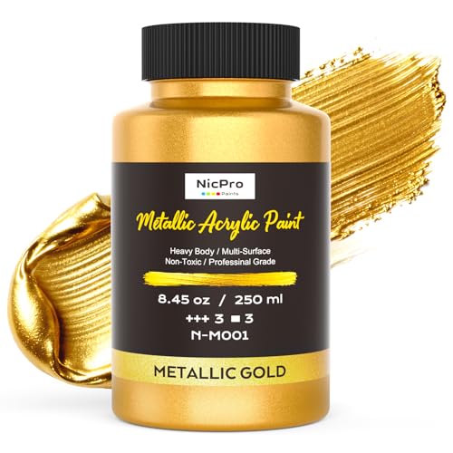 Nicpro Metallic Gold Acrylic Paint 8.45oz/250ml Large Heavy Body Gold Leaf Paint Non Toxic Non Fading Craft Paints for Metal Wood Clay Fabric Canvas Furniture Handcrafts Decor Art Supplies