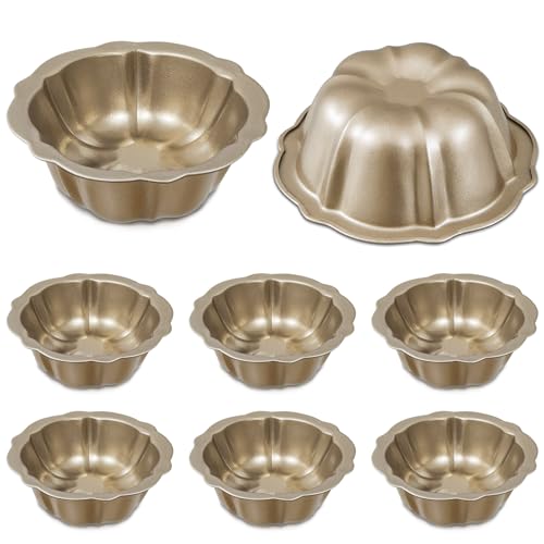 Ctosree 8 Pcs Mini Cake Pan 4 Inches Fluted Nonstick Carbon Steel, Gold