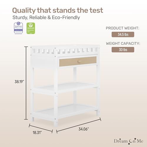 Image of Dream On Me Doula Changing Table in White - BSA & GREENGUARD Gold Certified, Enclosed Dressing Area for Safety, Two Spacious Storage Shelves & A Closed Drawer, Converts to Nightstand