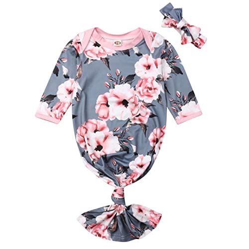 Image of Mubineo Newborn Infant Baby Girl Boy Floral Print Cotton Sleeper Gown with Headband Outfits