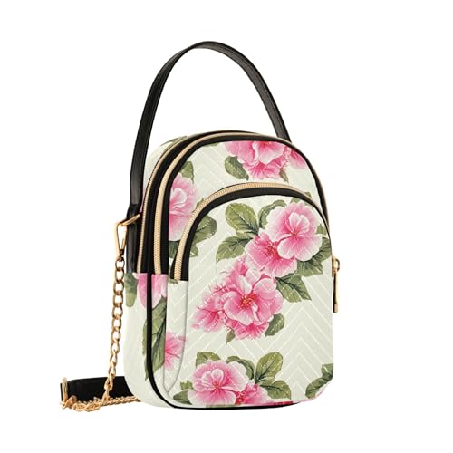 Woman Shoulder Handbag Quilted Chain Strap Cell Phone Handbag Printed Zipper Crossbody Bowler Bag Pink Flowers Green Leaves2