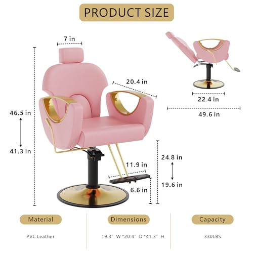 Image of Barber Salon Chair, Reclining Hair Salon Chair, 360 Degrees Swivel Styling Chair, Height Adjustable Hydraulic Shampoo Chairs, Spa Equipment (Pink)