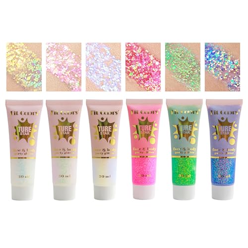 Pure Vie Brillantini Glitter Make Up, 6pcs Brillantini per Capelli Viso Corpo Glitter Occhi Unghie Labbra, Chunky Shimmer Glitter Gel Makeup per Musica Festival Party Trucco Regalo per Ragazza Donna