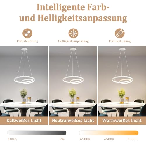 ZMH Pendelleuchte Esstisch Hängelampe LED: 40CM Weiß Hängend Lampe Dimmbar Hängeleuchte Design Esszimmerlampe Modern Esstischlampe mit Fernbedienung Pendellampe für Wohnzimmer Schlafzimmer Küche
