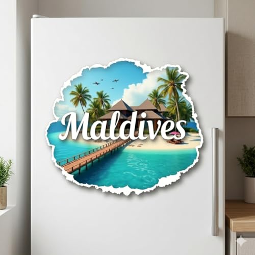 Image of Naxon Maldives Beach Paradise Theme Souvenir Wooden Fridge Magnet | Crystal Clear Water, Overwater Villas & Tropical Island Design 3x3 Inch Refrigerator Magnet for Kitchen & Home Decor | Pack of 1