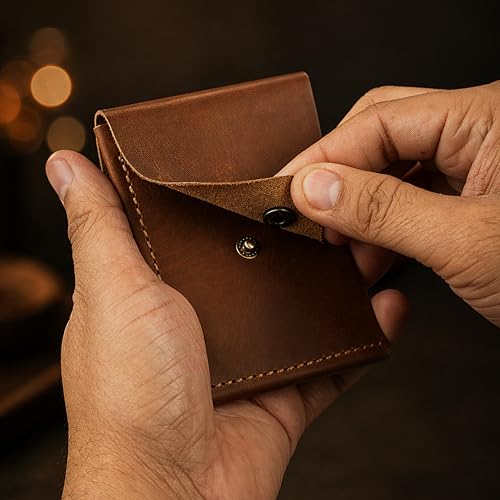 Image of The Wallet Store Flip 2.0 Genuine Leather Vertical Slim Wallet for Men | Easy Quick Card Access | Compact Front Cash Pocket & Button Lock | Minimalist Travel & Daily Carry Wallet (TAN)