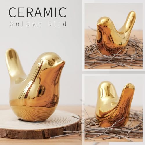 Image of Ceramic Golden Bird Figurine Set with Non-Slip Base, Decorative Bird Statues for Tabletop Shelf Display, Gold Ceramic Bird Showpieces (Pack of 2)