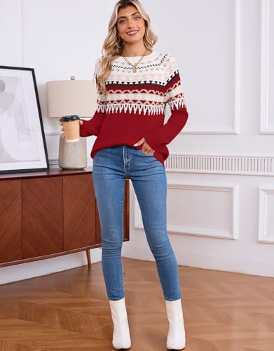 Image of Women's Fair Isle Sweater Crew Neck Long Sleeve Heart Sweater Vintage Tops