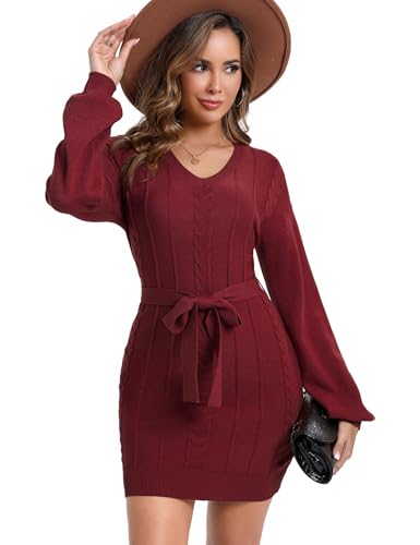KOJOOIN Strickkleid Damen Pullikleid V Ausschnitt Langarm Zopfmuster Herbst Winter Grobstrick Pulloverkleid Knit Sweater Minikleid Mit Gürtel Weinrot L