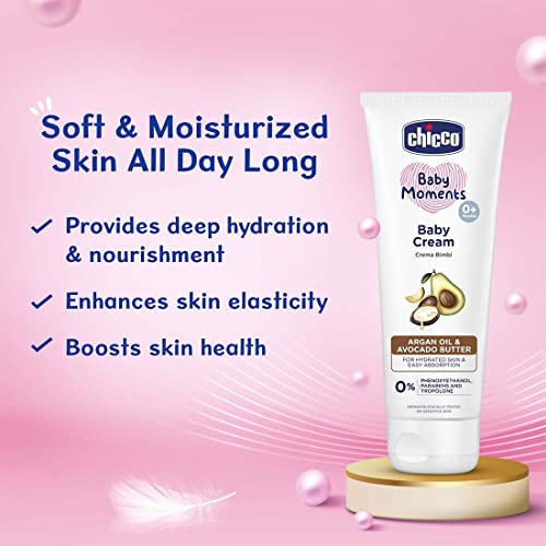 Image of Chicco Baby Moments Baby Cream for Babies with Argan Oil & Avocado Butter, 200g| Natural Ingredients for Hydrated Skin | Dermatologically Tested | Phenoxyethanol, Parabens & Lauryl sulphates free