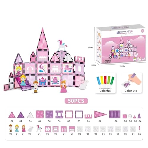 Image of 50 PCS Magnetic Tiles Princess Castle Building Set for Kids | Window Art Magnetic Blocks with Figures & Unicorn | STEM Educational Construction Toy for Girls Boys Age 3+