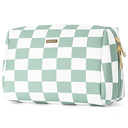 Narwey PU Leather Checkered Makeup Bag Travel Cosmetic Bag Toiletry Organizer Make up Bag with Compartment for Women and Girls (Large,Mint Green Checkerboard)