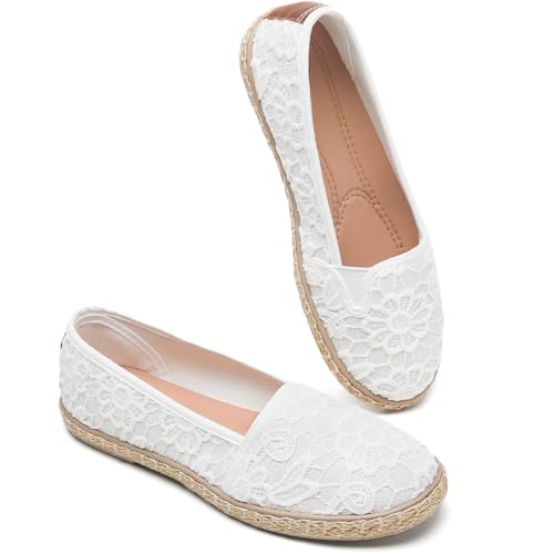Image of BABUDOG Women's Flats with Flower Embroideried,White Lace Ballet Flats,Comfortable Dress Flats