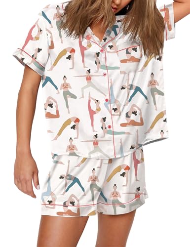 SHESHOW Pajamas for Women Set Satin Button Down Short Sleeve Top and Shorts Pjs Sets Sport Ball Print Sleepwear XS-XXL