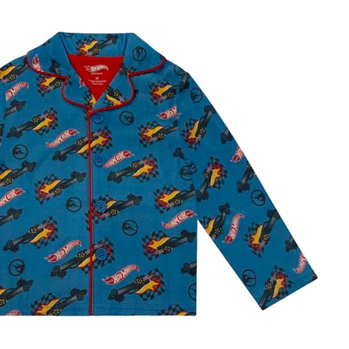 Hot Wheels Boy's Pajama Set - 2 Piece Flannel Coat Style Matching PJs, Toddler & Kids Button Down Pajamas - Official License Blue - image 3