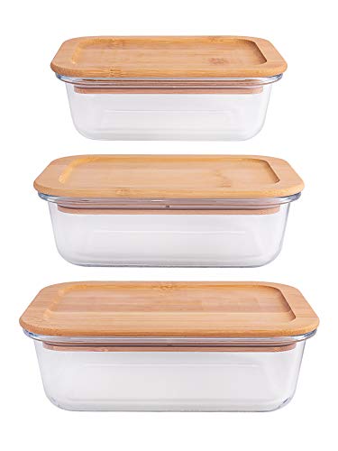 Image of Goodhomes Rectangular Glass Food Storage Containers with Air Tight Wooden Lid Set of 3-360ml, 580ml, 900ml