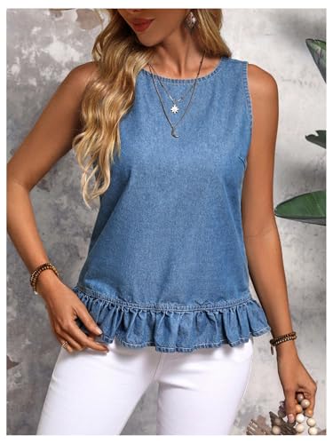 SweatyRocks Women's Ruffle Sleeveless Blouse Button Back Denim Tank Tops4